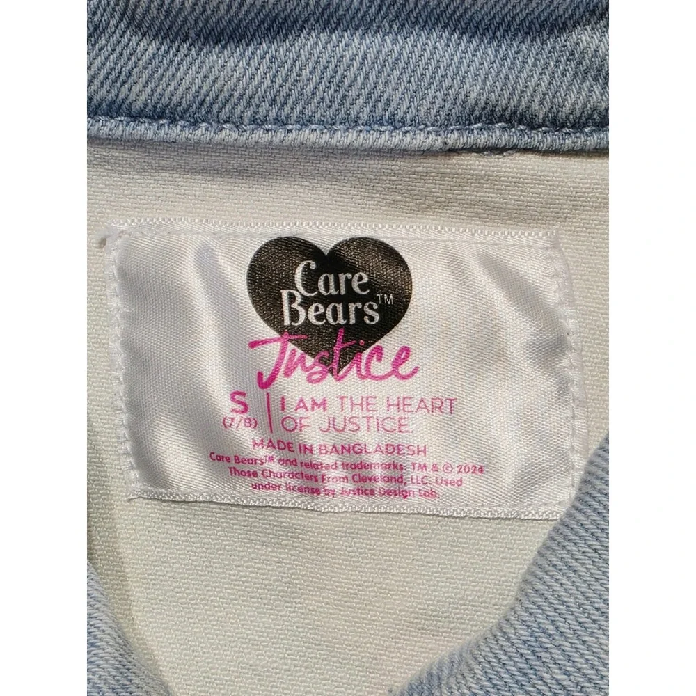 Justice Care Bears Denim Jacket Girls Sz 7/8 Light Wash Two Tone Frayed Hem